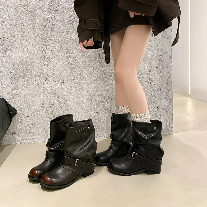 2026Autumn Winter Thick Heel Women Western Cowboy Boots Fashion Belt Buckle Slip On Shoes Ladies Vintage Pleated Short Booties