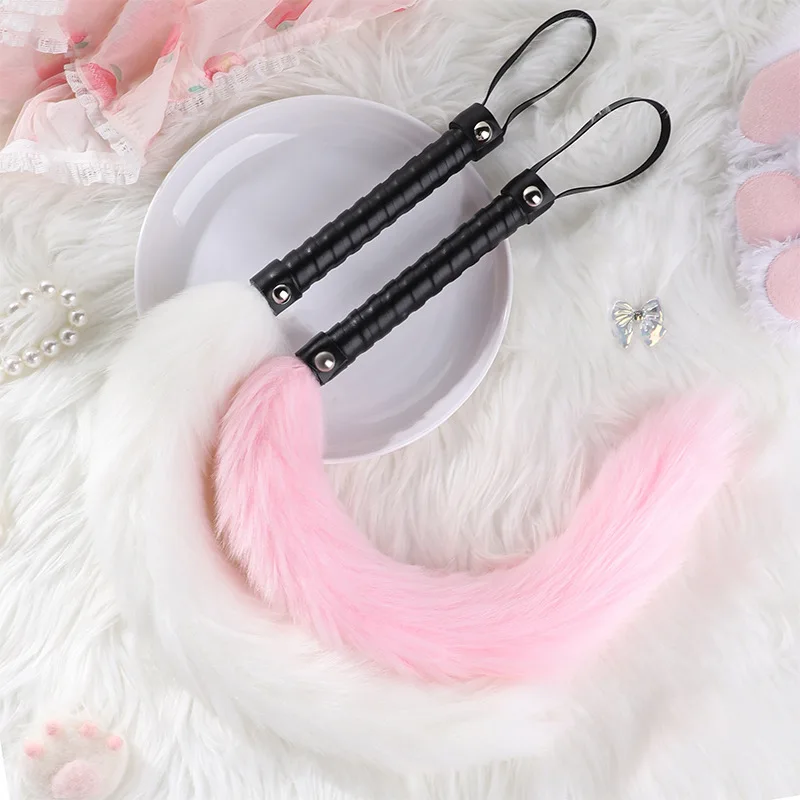 Fetish PU Leather With Fox Tail Whip Flogger Handle Spanking Paddle Flirting BDSM Adult Game Erotic Sex Toys For Women_voghion.com