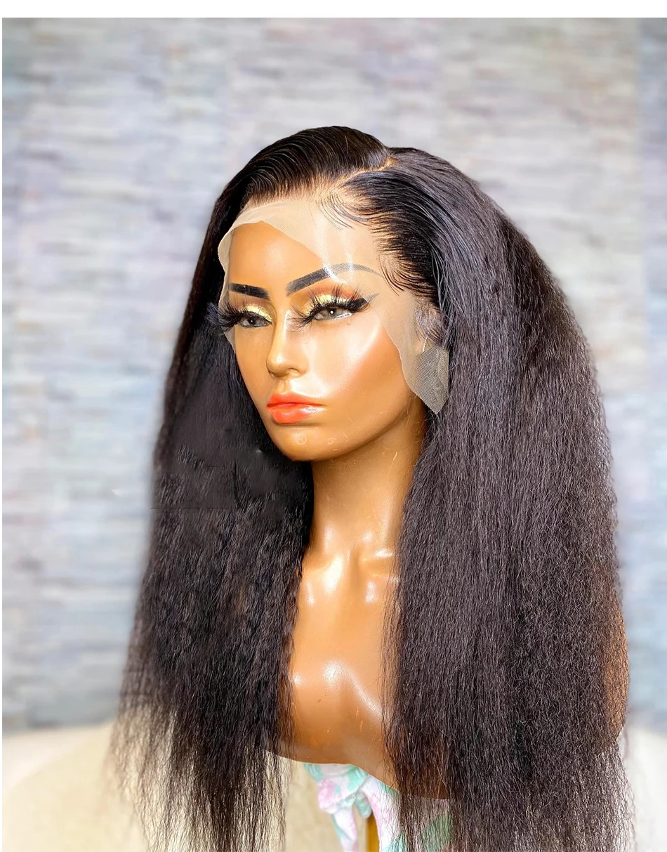 

Natural Black Kinky Straight Preplucked 180% Density Yaki Lace Front Wig For Women With Babyhair Heat Temperature Glueless Daily