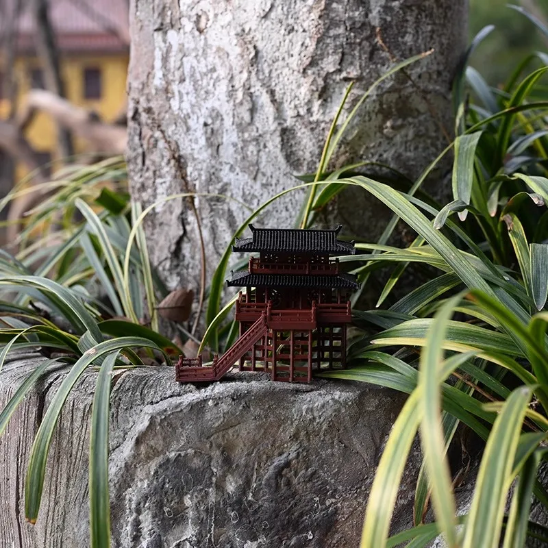 Handmade 3D Printed Ancient Chinese Landscape Decor - Two-Tiered Stilted Pavilion ，for Fish Tank/Terrarium/Bonsai Tree Display