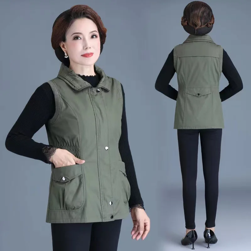 

2024 Spring Autumn Women's Waistcoat Top New Female Slim Sleeveless Coat Middle aged Mother Solid Casual Zipper Vest Outwear