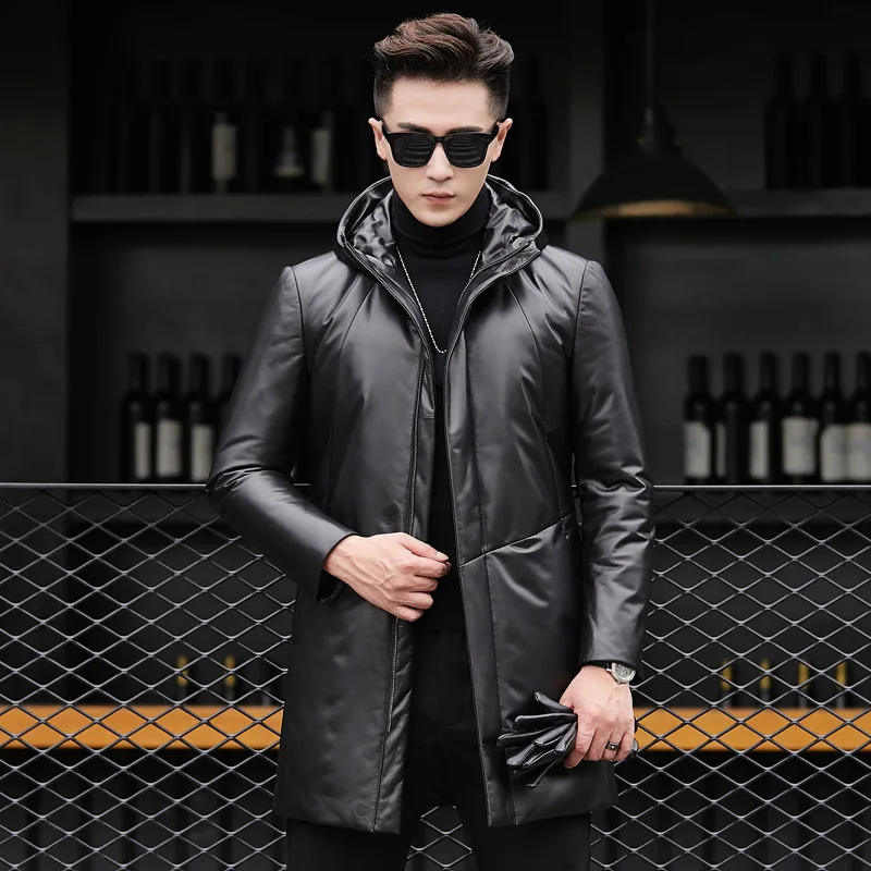 

Haining slim fit genuine leather jacket, medium length genuine leather down jacket, men's sheepskin jacket, men's hooded jacket,