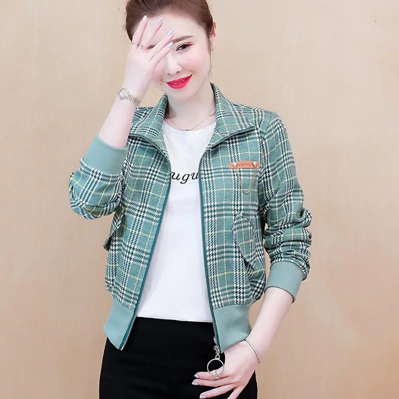 

2023 Spring Autumn Women New Fashion Short Casual Jacket Female Korean Plaid Overcoats Ladies Long Sleeve Loose Coats Y362