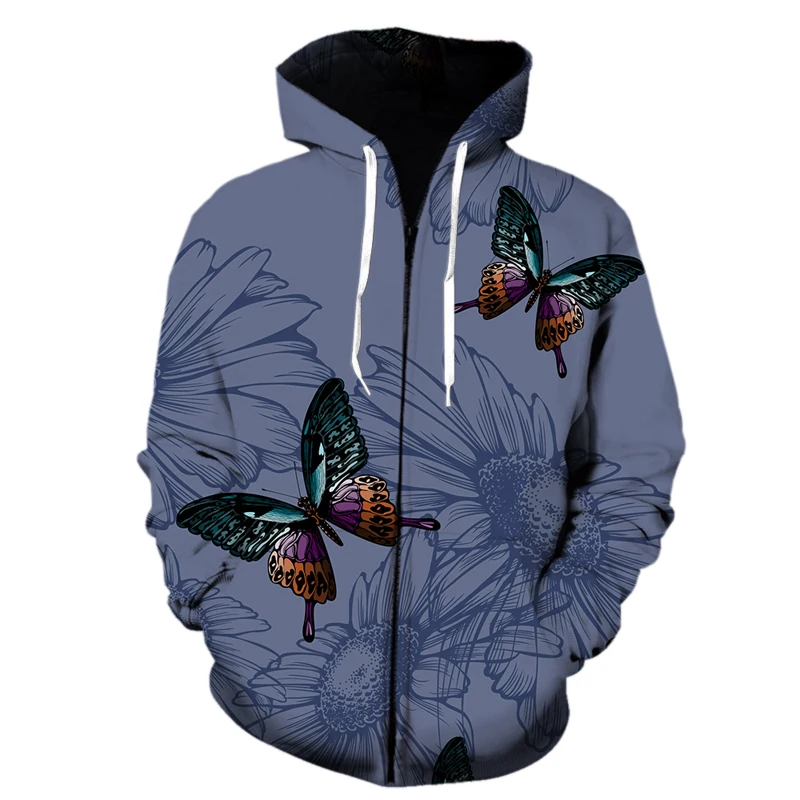 

Autumn Winter Coat zipper Hooded Cartoon Butterfly Print Harajuku Loose Pocket Hoodies Womens Pullover Sweatshirt Men Clothing