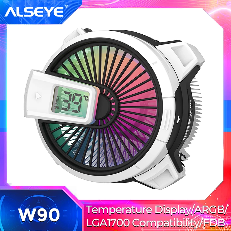 Alseye W90 CPU Cooler PWM 4 Pin Fan 90 mm ARGB Lighting Precise Temperature Display Cooler Cpu Support Intel LGA 1700/1200/115X