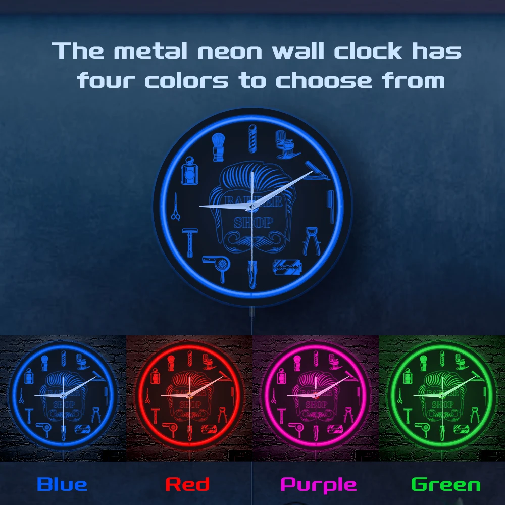 Barber Shop Red Neon Logo Metal Frame Wall Clock for Man Cave Barbering Business Sign Flexible Flex illuminated Neon Wall Clock