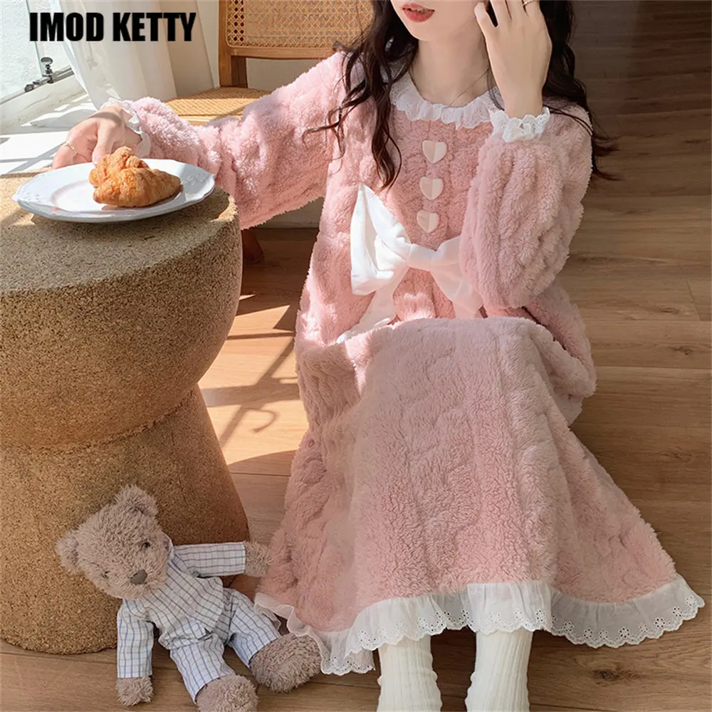 

Winter Thickening Warm Coral Velvet Sleepwear Flannel Nightgowns Korean Women Long Sleeve Leisure Homewear Nightdress Sweet Bow