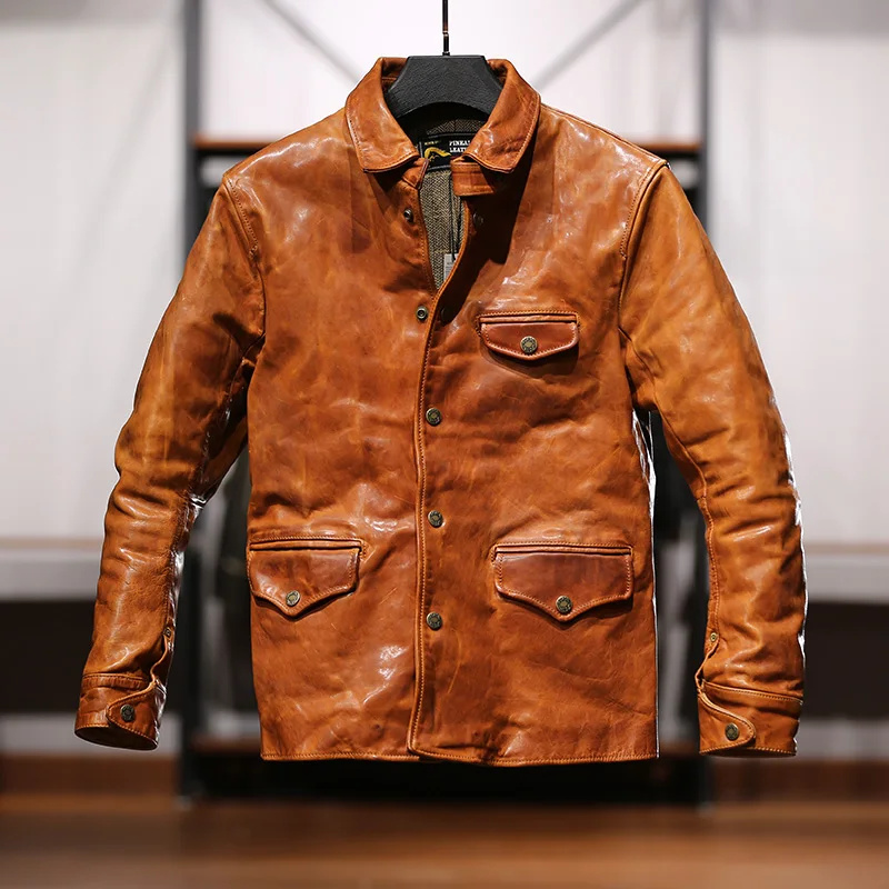 

Oil wax full vegetable tanned horse skin leather jacket men and women vintage small biker brown division gatekeeper clothing