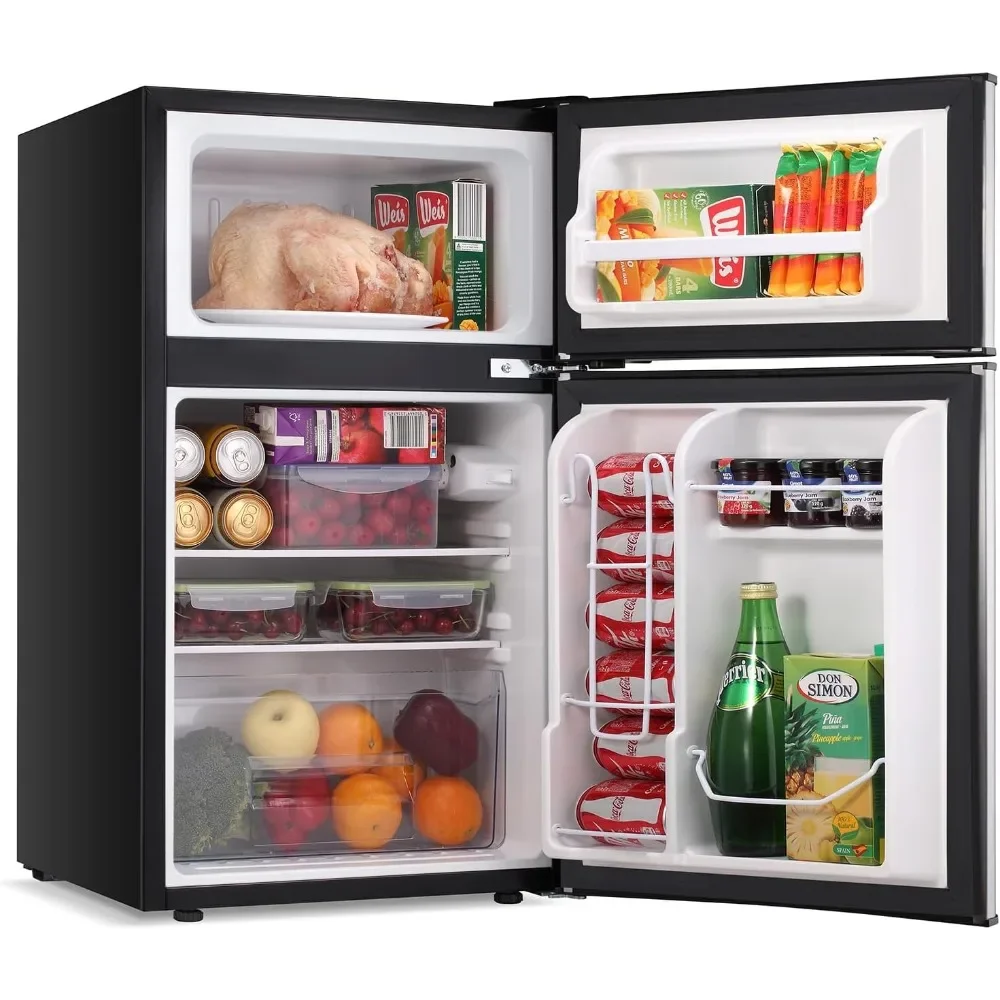 Mini refrigerator 3.2Cu Ft compact defrosting double door freezer for energy-saving storage of beverages vegetables and fruits