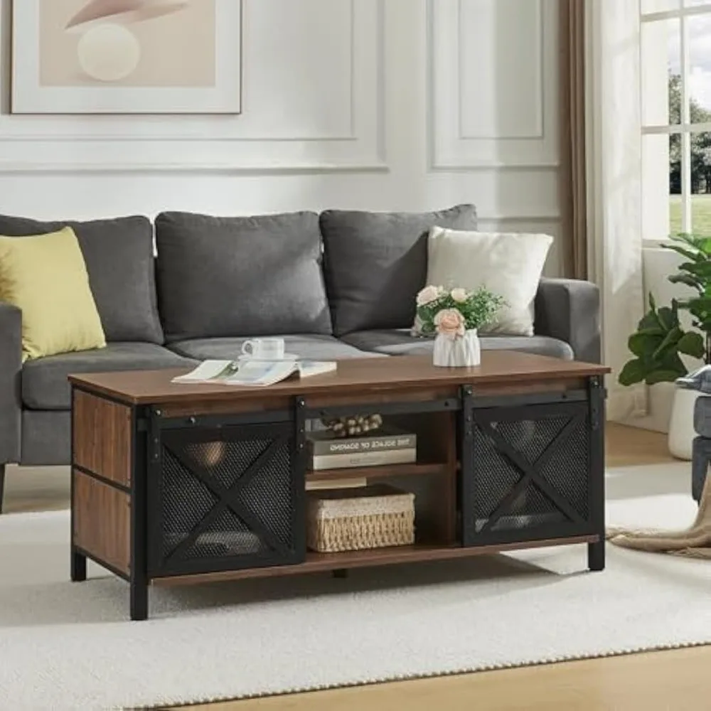 Coffee Table with Storage, 43" Rectangle Coffee Tables with Sliding Barn Doors, Rustic Low Living Room Desk with Cabinet 3