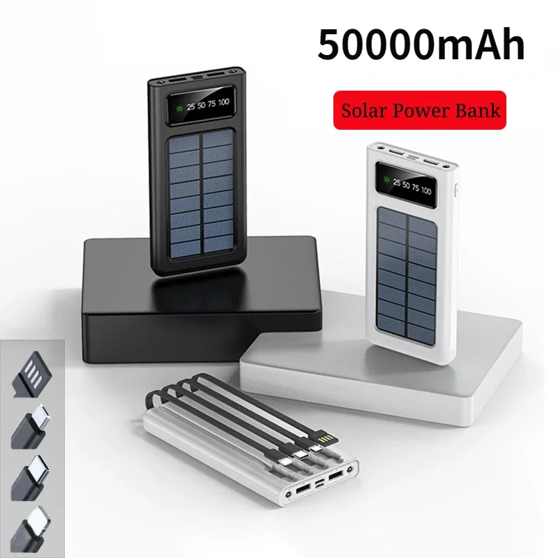 

50000mAh Solar Power Bank Built Cables Comes With Four-wire Portable External Charger With LED Light For Samsung Apple Xiaomi