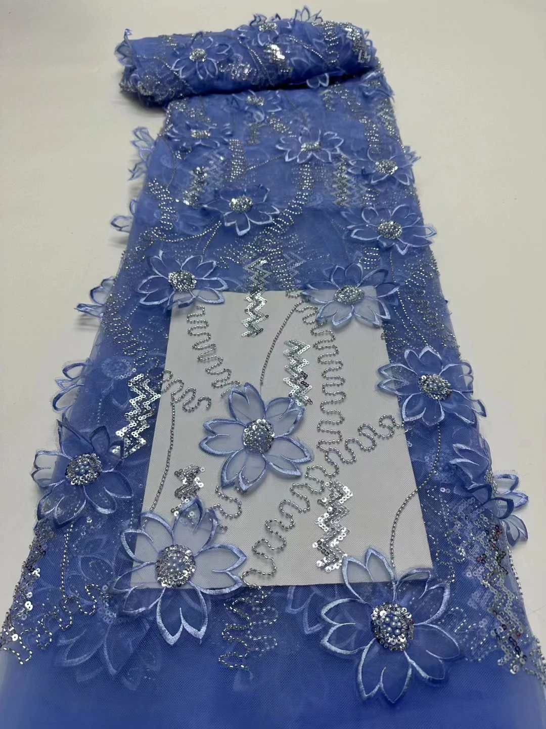 

Sky Blue French Lace Fabric With 3D Flowers 2024 High Quality Sequins Beaded African Nigerian 3D Lace Fabric For Wedding KR24155