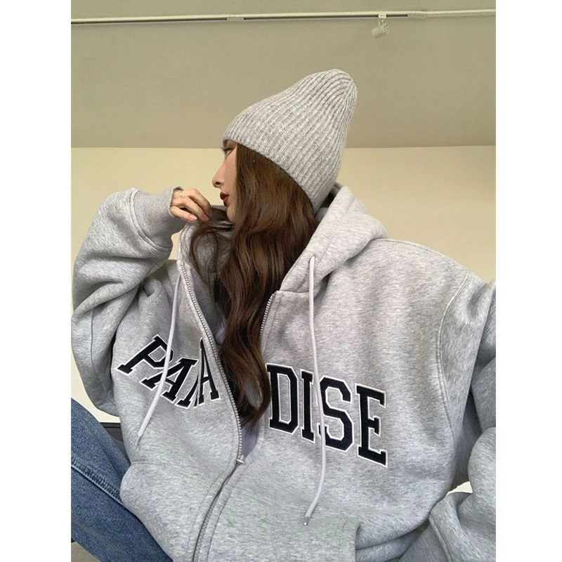 

2023 Women Autumn and Winter Loose Cotton Sweater Hooded Zipper Student Lazy Style Double-Layer Hat Silver Fox Velvet Coat