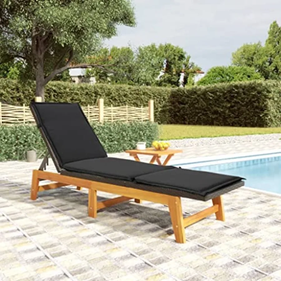 Black and Brown PE Rattan Sun Lounger with Cushions Solid Acacia Wood and Steel Frame Adjustable Outdoor Lounge Chair for Garde