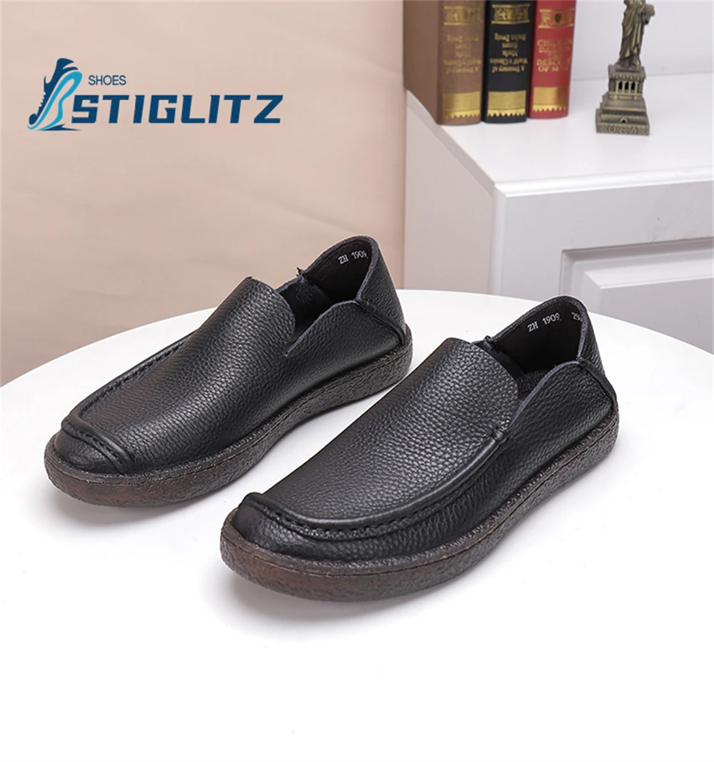 Embossed Stitching Cowhide Loafers Round Toe Shallow Slip On Flat Casual Shoes for Men Oxford Soft Sole Men's Leather Shoes New
