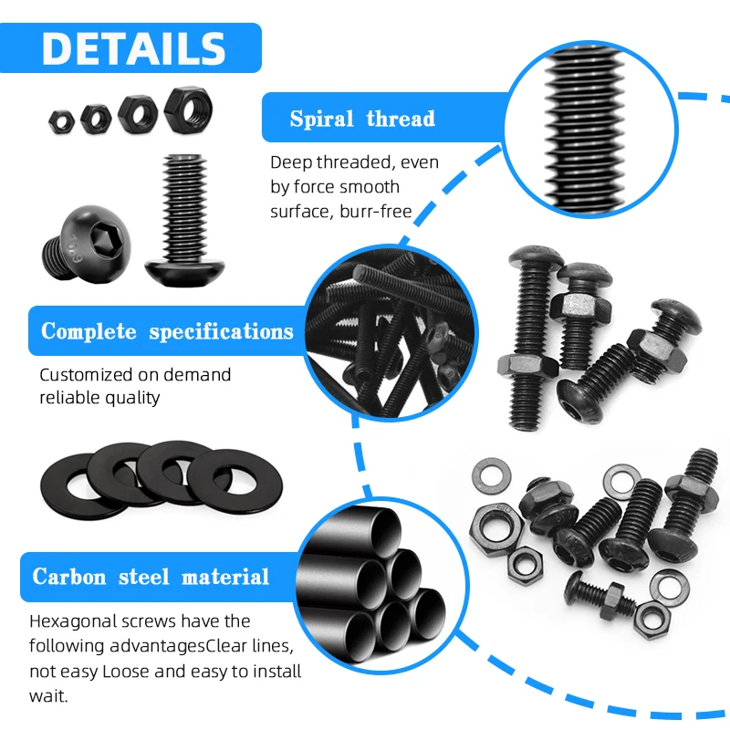 10.9 Grade Black Hex Socket Head Cap Screws Kit with Washers & Nuts M4 M5 M6 Alloy Steel Bolt Assortment for Automotive, Machine