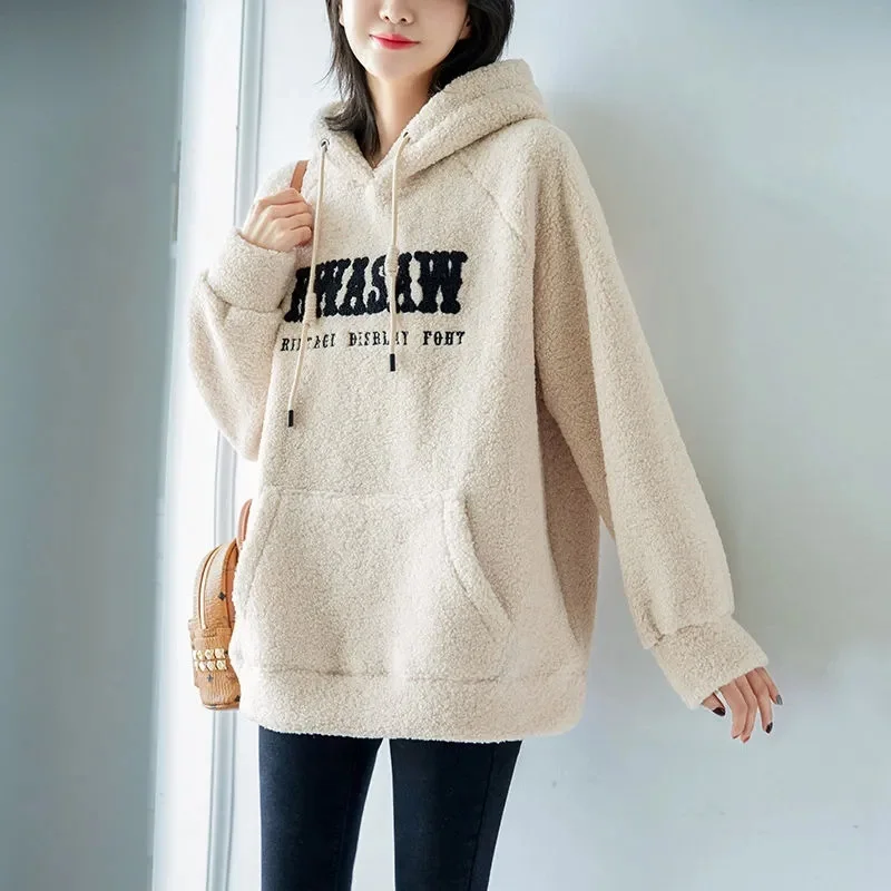 2023 Spring Autumn Hoodies Women Fleece Thickened Hooded Clothes New Fashion Loose Large Size Embroidery Letter Warm Hoodies