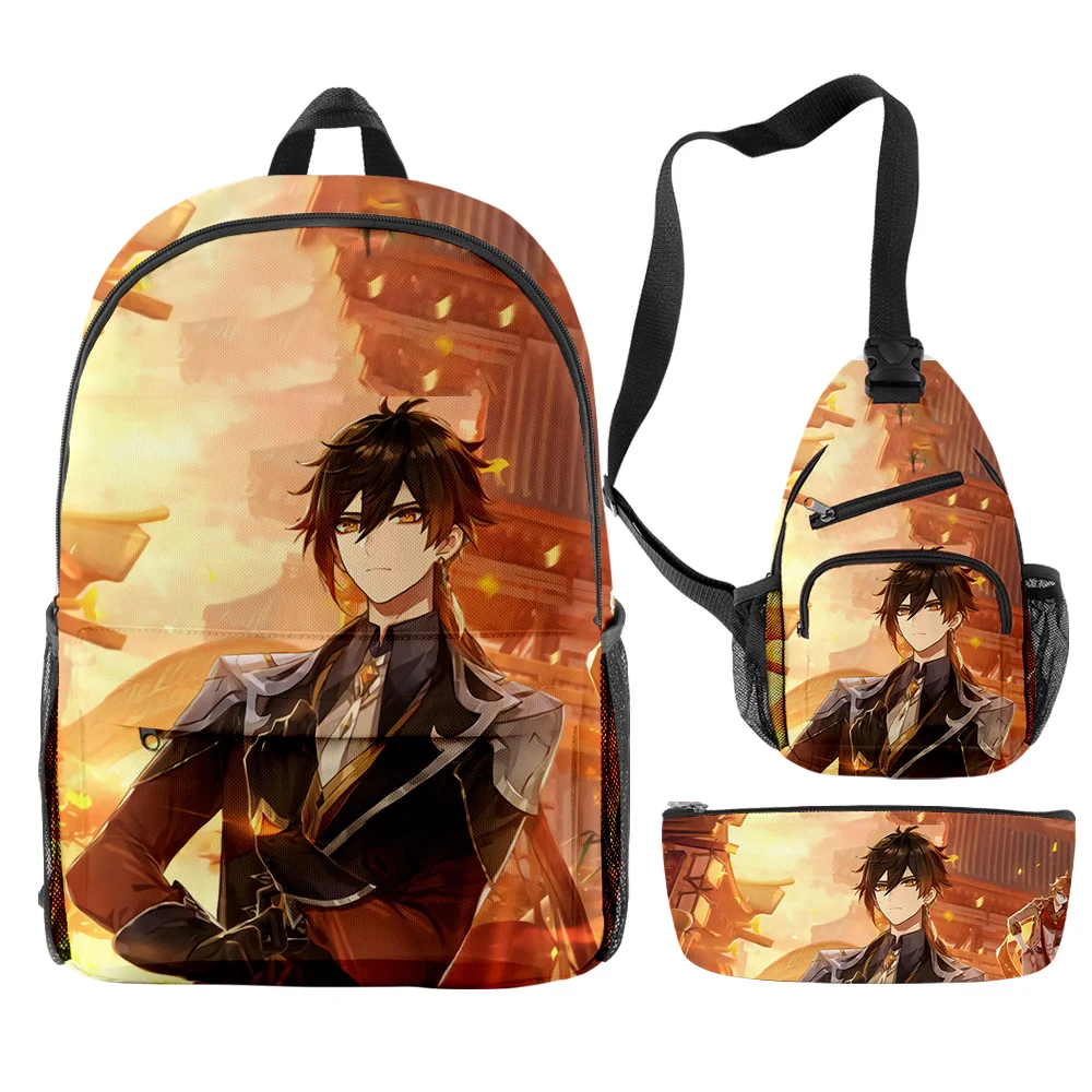 

Popular Youthful Genshin Impact ZhongLi 3pcs/Set Backpack 3D Print Bookbag Laptop Daypack Backpacks Chest Bags Pencil Case