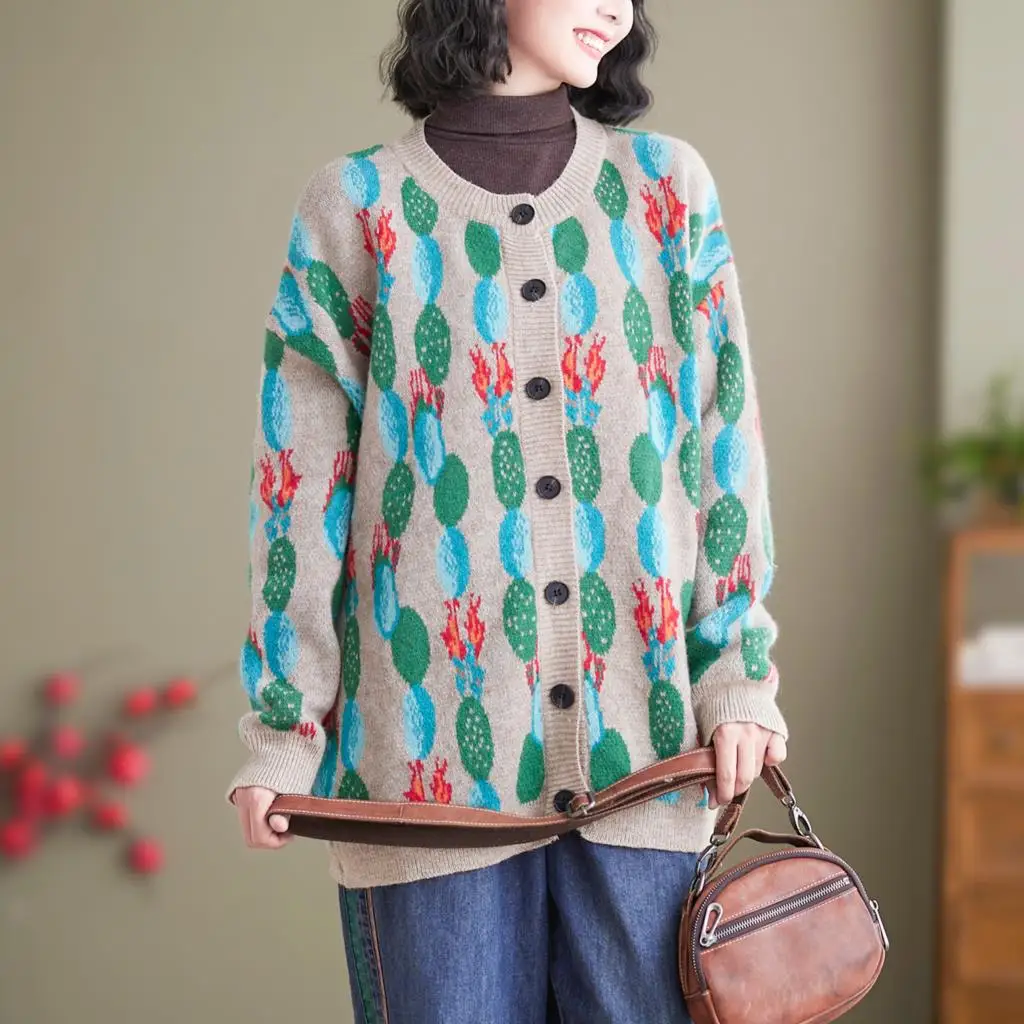 Autumn Winter Knit Cardigan Ladies 2022 New Mori Girls Cactus Printed