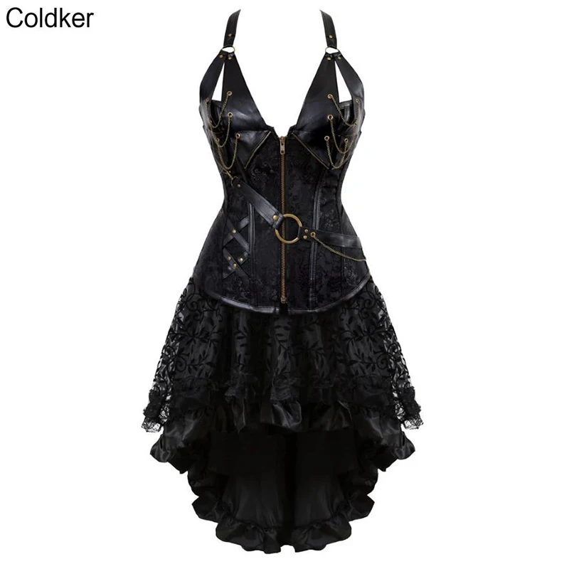 

New Women Cosplay Gothic Clothes Steampunk Corset Costume PU Leather Bustier Lingerie Tops With Asymmetric Floral Lace Skirt Set