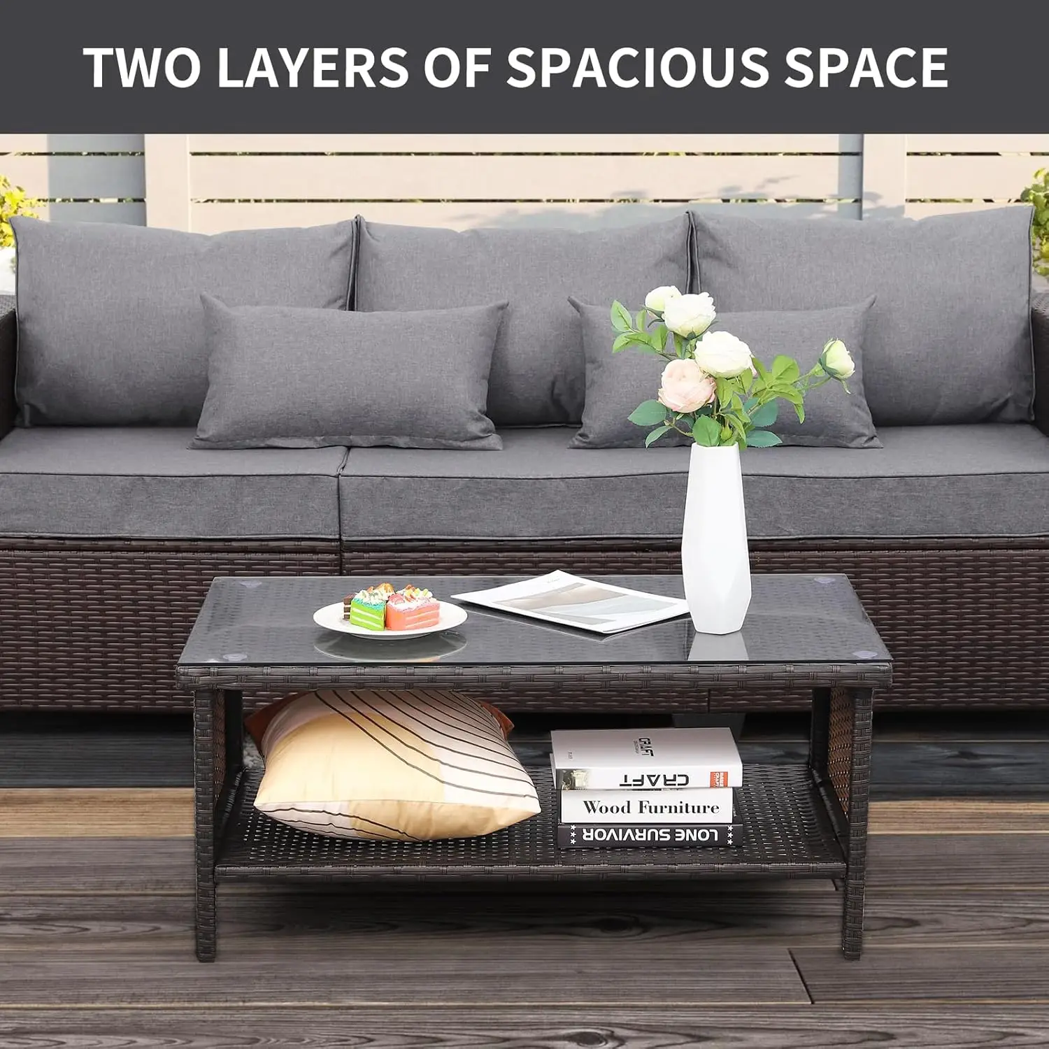 Outdoor PE Wicker Coffee Table - Patio Rattan Garden Side End Tea Table with Glass Top Furniture, Brown