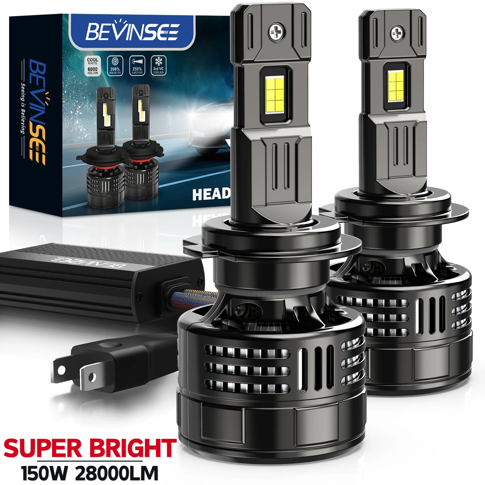 BEVINSEE V55 LED Headlight Fog Lights Bulbs 28000LM 150W 9005 HB3 9006 HB4 9012 HIR2 CANbus 12V