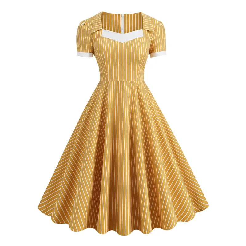 

Women Summer Fashion Elegant Vestido de festa Short Sleeve Blue Yellow Striped Printed Vintage Casual Party Midi dress