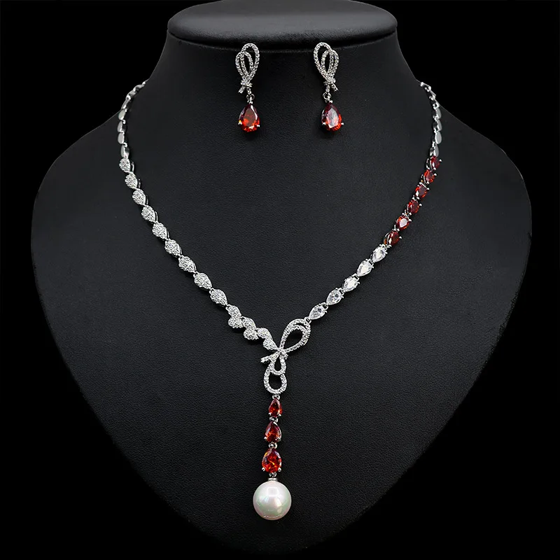 

High Quality Cubic Zirconia Pearl Pendant Women's Jewelry Necklace and Earring Sets Chic and Elegant woman Set for Wedding Party
