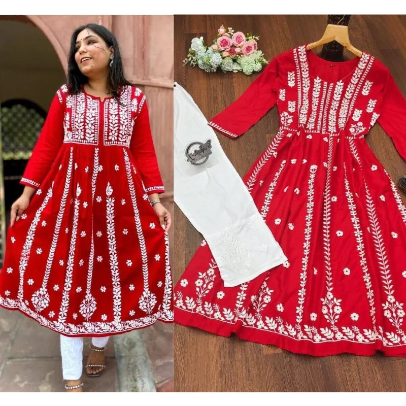 Readymade Red Kurti Plazzo Pent Anarkali Salwar Kameez Suit Indian Pakistani Ethinic