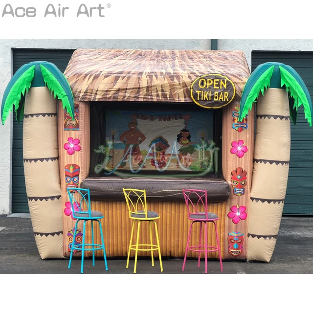 2022 New Style Tropic Inflatable Tiki Bar with Original Islander Backdrop Bamboo Fence and Coconut Tree for Vacation on sale 1