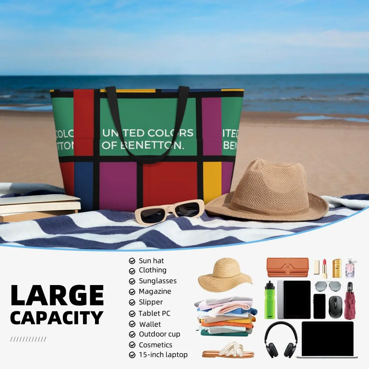 Borsa tote da spiaggia United Colors Of Benetton, borsa tote grande per sport, palestra, yoga, borsa da viaggio per donna, borsa fitness - immagine 5