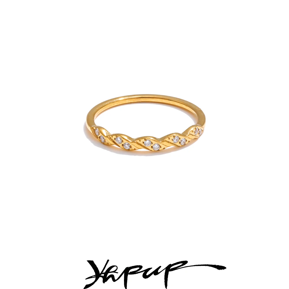 Yhpup Ring Stainless Steel Zirconia Wave Shape 18K PVD Plated