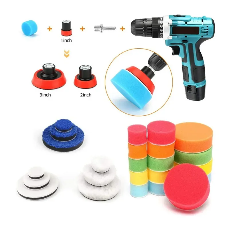 29Pcs/set Car Foam Drill Polishing Pad Kit 1.2/2/3 Inch Buffing Pads Sponge Set Kit M14 Drill Adapter Power Tool Car Polisher 4