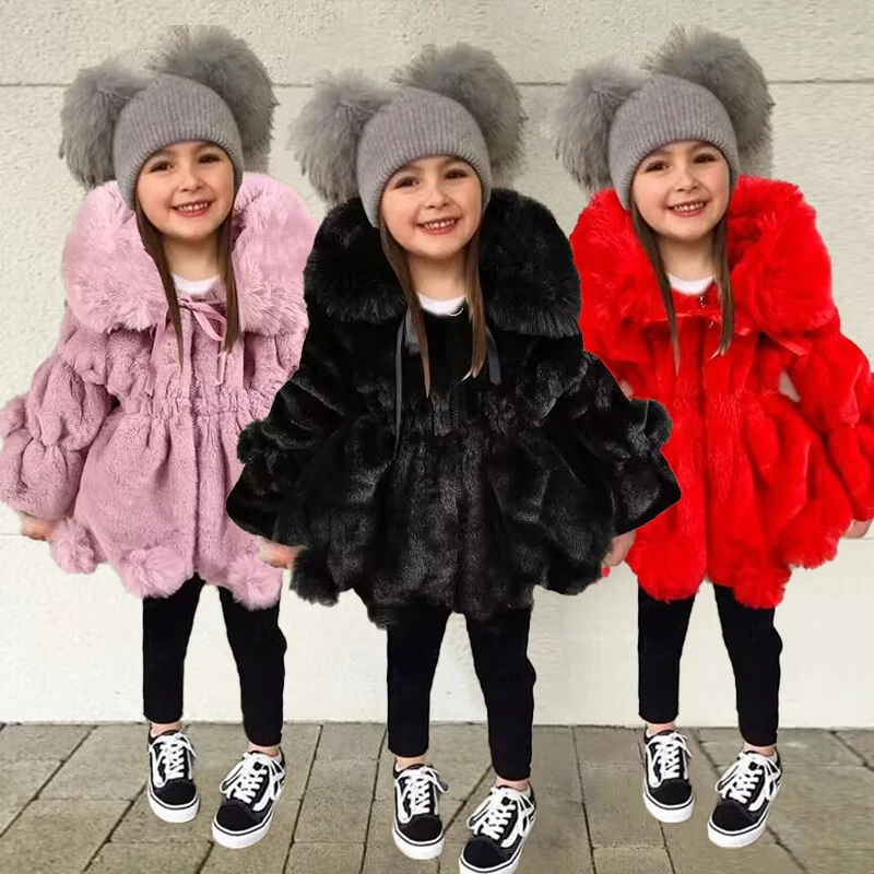 Girls Winter Coat Children's clothing girl jacket winter children's clothing girl fur lapel solid color warm and thickened cotton jacket
