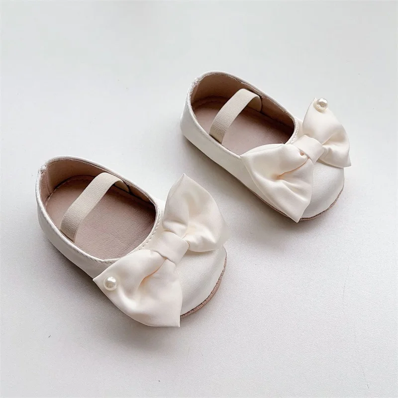 Newborn Baby Girls Princess Dress Shoes Elegant Pearl Bowknot Mary Jane Flats Solid Color Non-Slip Infant Crib Walking Shoes