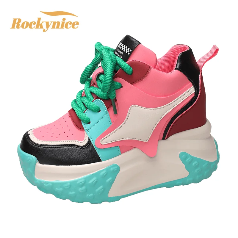 Women High Platform Sneakers 2023 New Autumn Breathable Chunky Dad Casual Shoes 10CM Thick Sole Trainers Leather Sneakers Woman