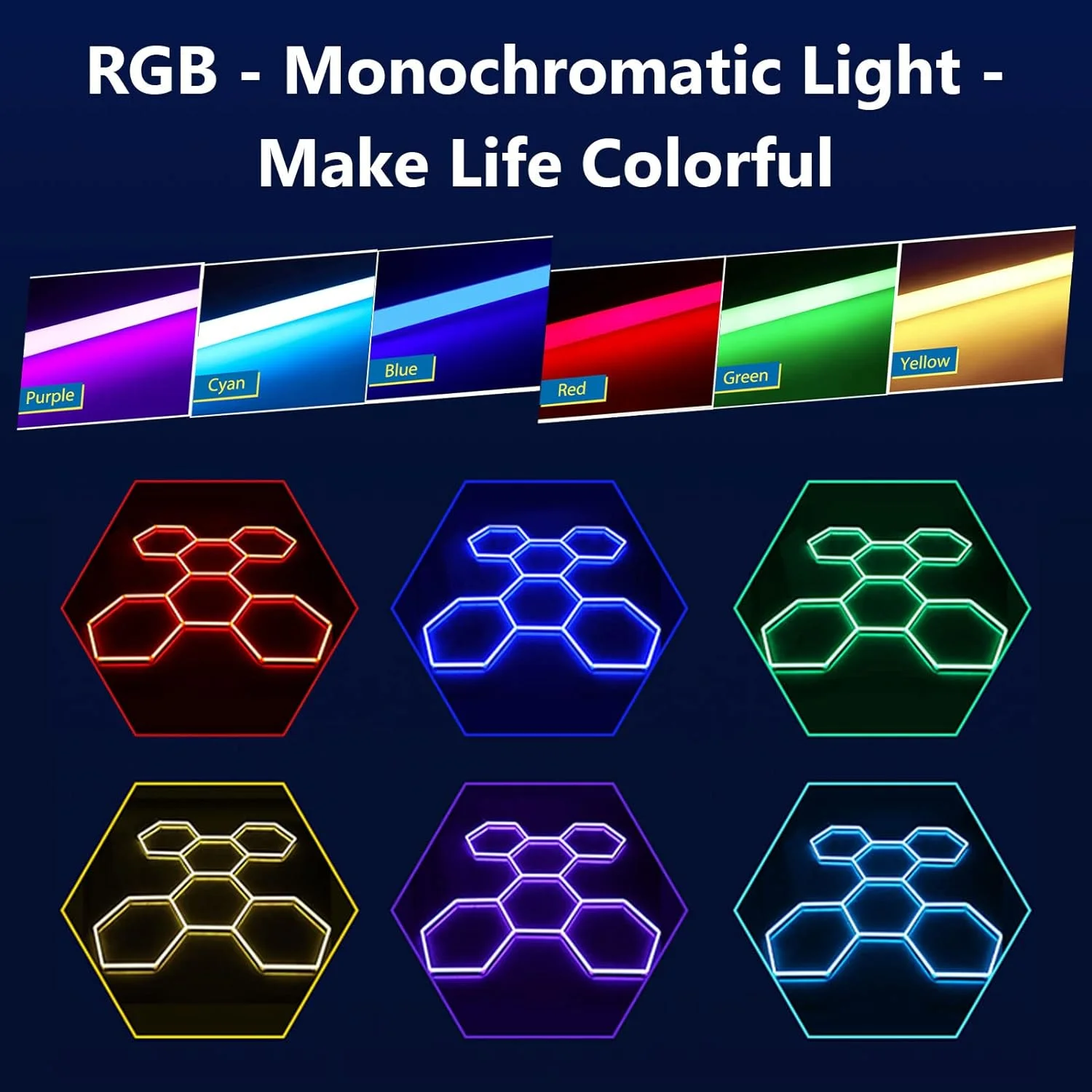 RGB 육각형 LED 조명, 다채로운 색상 변경 데코 조명, 자동차, 차고, 체육관, 파티, 클럽, 무대, 게임, 사운드 감지, 벽, 천장, 디밍 기능