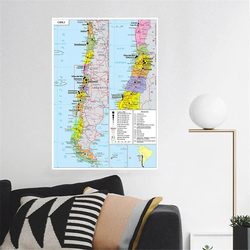 150*225 cm The Chile Political Map (In French)Large Poster Non-woven Canvas Painting Living Room Home Decoration School Supplies