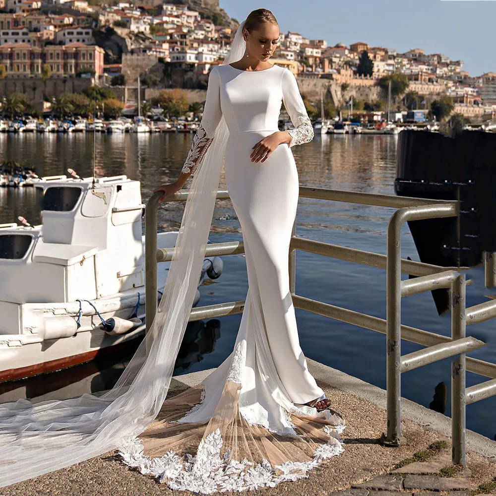 

Doymeny Mermaid Modeast Wedding Dresses 2024 Satin Lace Appliaues Scoop Bride Gowns Long Sleeve Beach Bridal Party Dresses