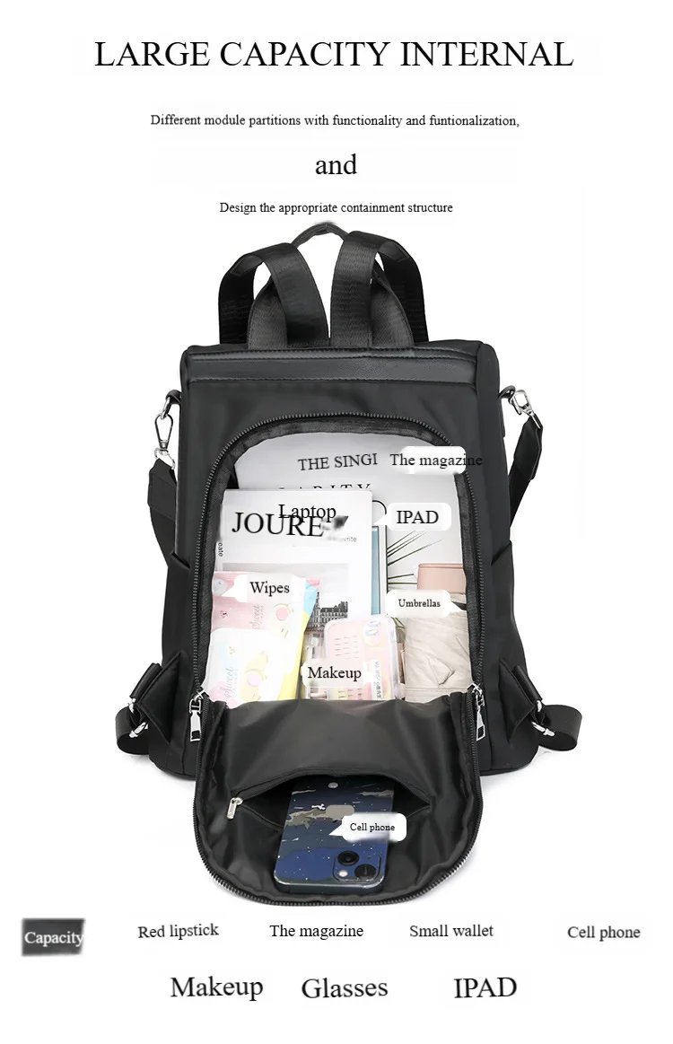 Weiblicher 2024 neuer Trend Oxford-Stoff leichter atmungsaktiver modischer lässiger Damen-Diebstahlschutz-Rucksack_voghion.com