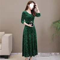 Spring Autumn New Style Mom Slimming Large Skirt Velvet Long Sleeve Dress plus Size Women's Fashion Crew Neck Gown Dress