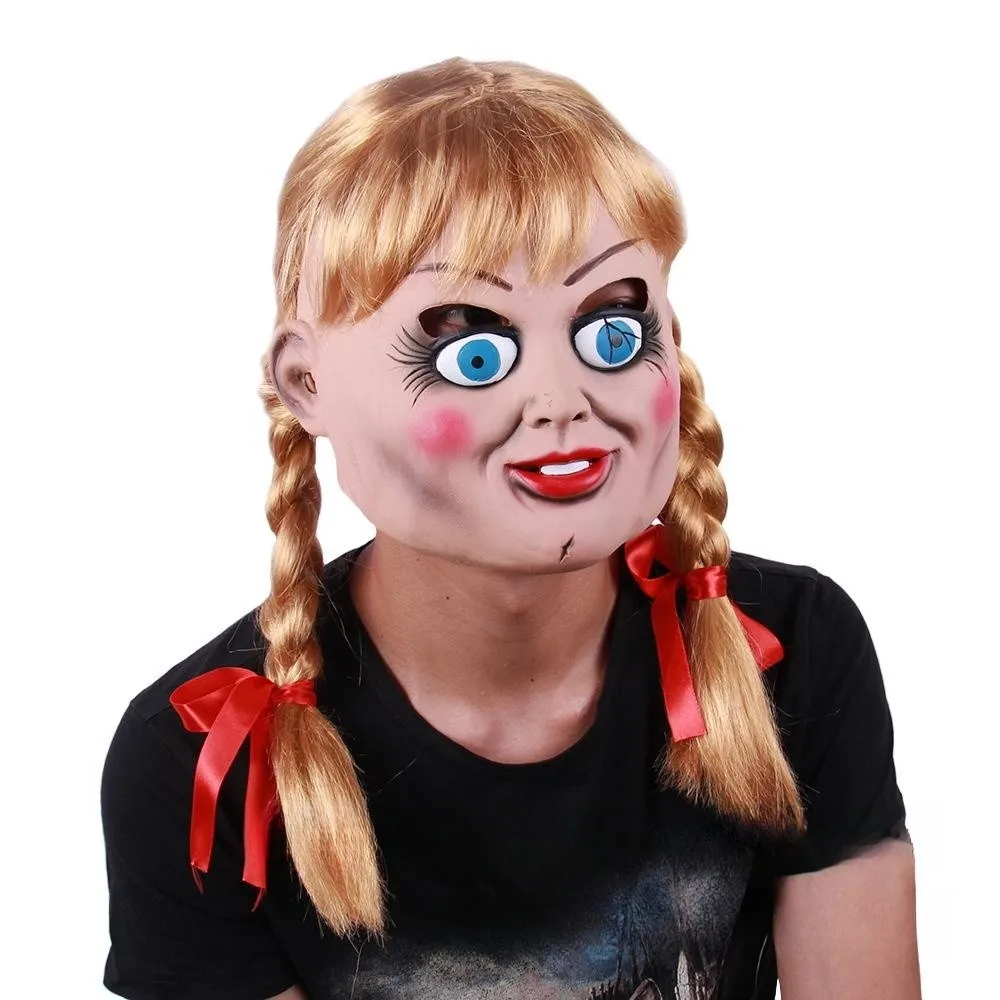 Annabelle Doll Mask Cosplay Horror Movie The Conjuring Full Face Latex Helmet Scary Headwear Halloween Masquerade Party Costume