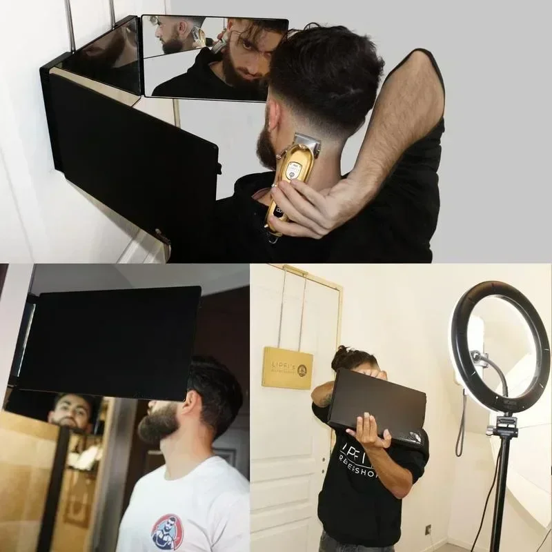 걸이식 문짝 타입 개폐식 접이식 화장품 거울, 스퀘어 트리플 폴드 미용 거울, 빛이 나는 접이식 화장품 거울