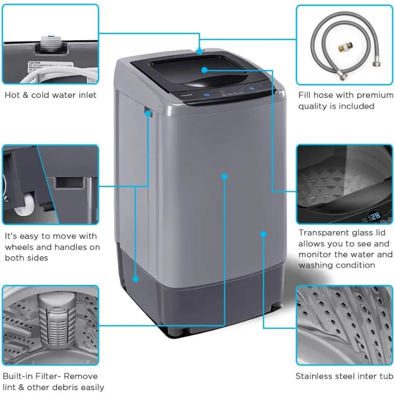 Comfee Portable Washing Machine, 0.9 cu.ft Compact Washer With LED Display, 5 Wash Cycles, 2 Built-in Rollers, Space Saving