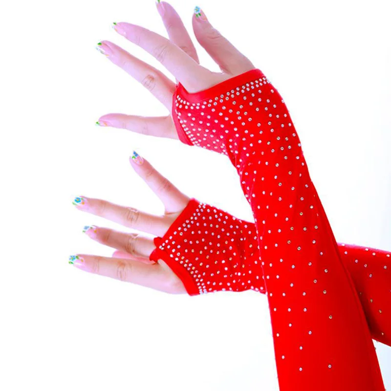 Lace Gloves Half Finger Gloves Fishnet Gloves Latin Stage Dance Performance Arm Sleeves Female Mesh Flash Drilling Rhinestone S155