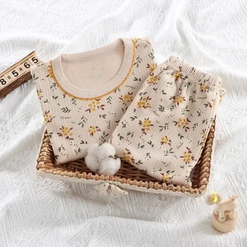 Kids Pajama Set Pure Cotton Cartoon Floral Boys Sleepwear Girls Loungewear Suit Children Sleep Set 1-6Y Soft Sleepwear Outfit 3