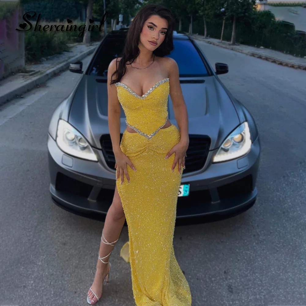 

Женское блестящее платье SHERAIN, блестящее оформление, без бретелек, с Боковым Разрезом