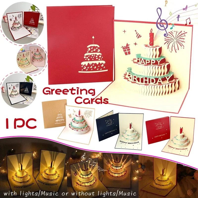 

3D Pop Up Birthday Greeting Cards, Auto Play Music Warm LED Light Birthday Cake Card, Gifts For Mom Wife Sister Boy Girl Friends