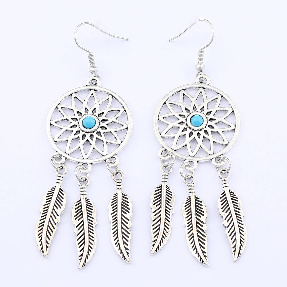 

Tibetan Silver Color Hollow Open Round Feather Dream Catcher Pendants Earrings for Fashion Women Jewelry Accessories