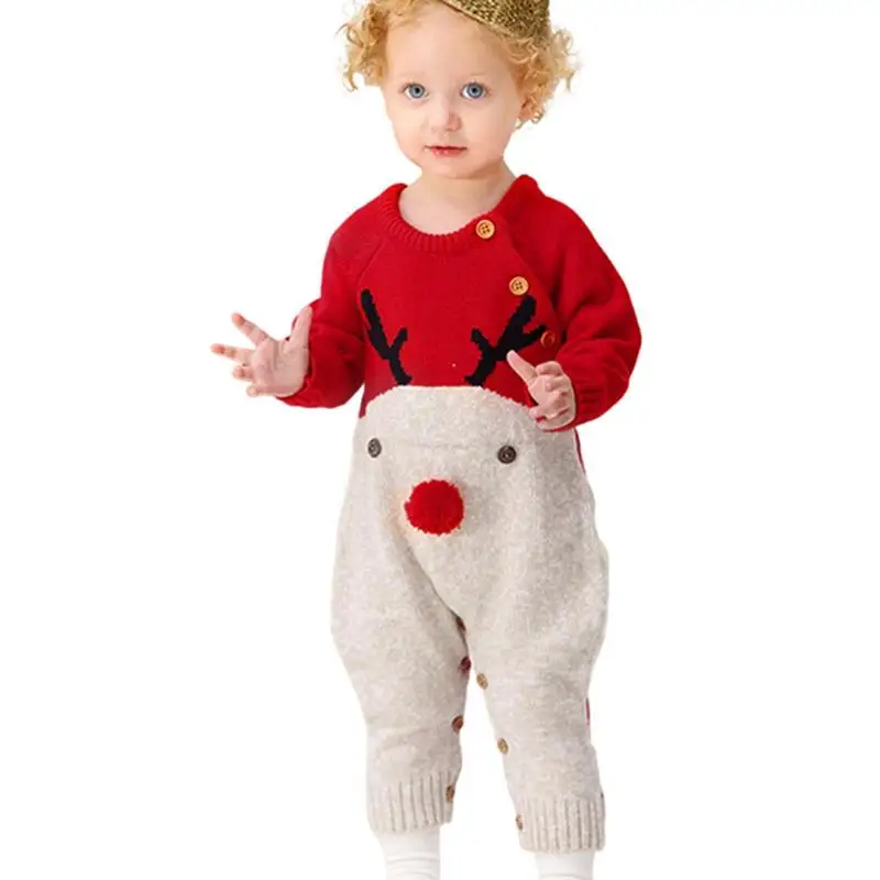 

Трикотажный женский Рождественский комбинезон, одежда для маленьких мальчиков, мультяшный свитер с оленями, теплый дизайн с застежкой на пуговицах